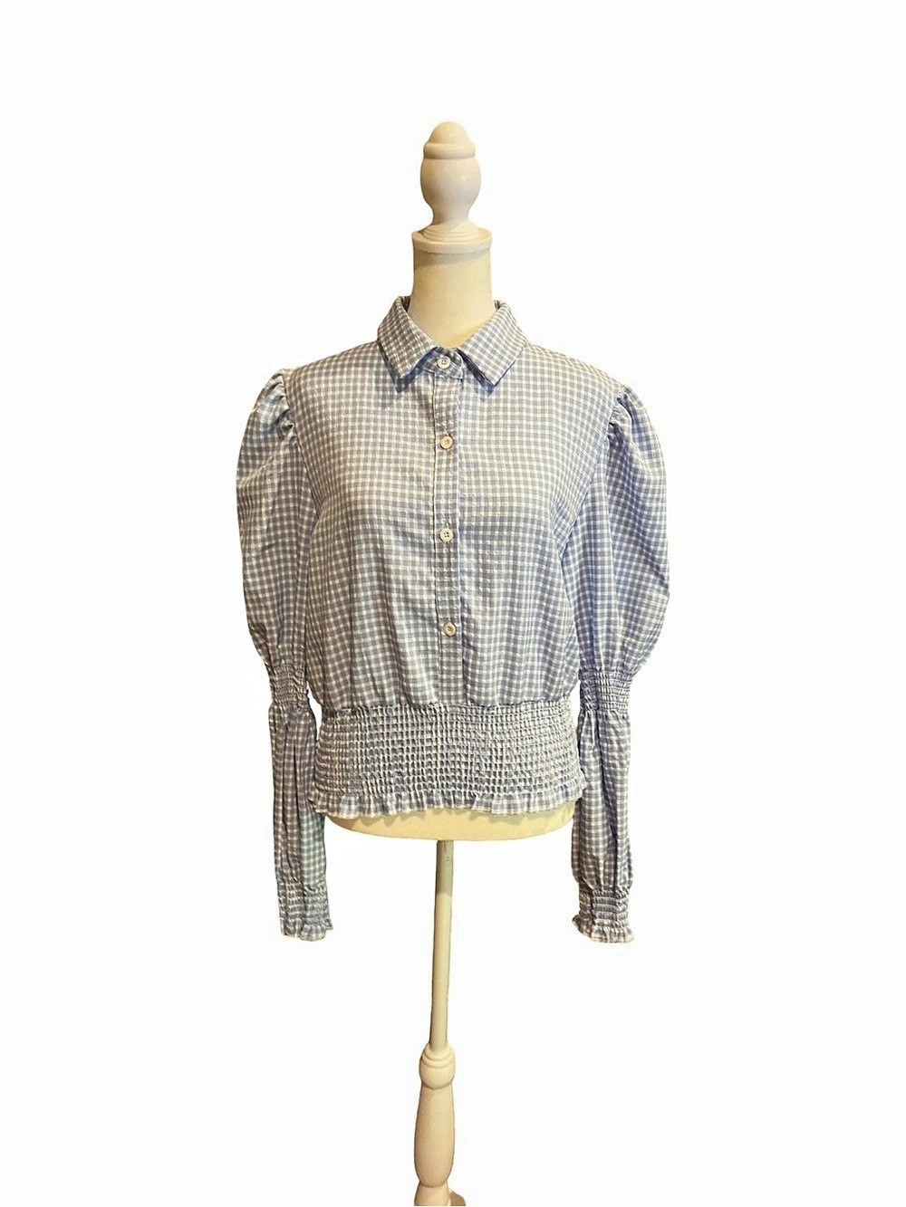 To My Lovers Gingham Puff Sleeve Blouse Blue & White Medium NWT